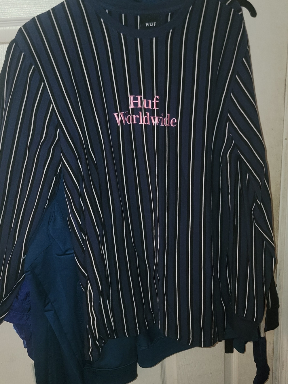 HUF Navy Pinstripe Crewneck with Pink Logo